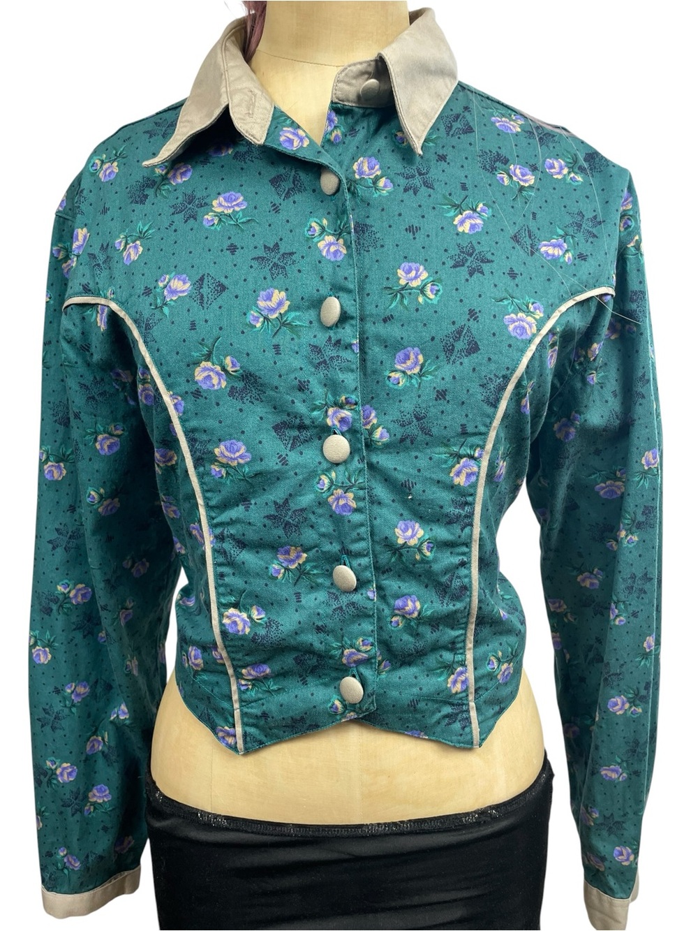 Vintage Wrangler Western Brush popper Crop Shirt LG Green Rodeo Floral Country